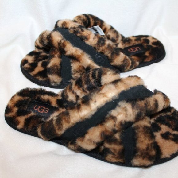 NIB UGG WOMEN'S PANTHER PRINT FUR SLIDE SLIPPER SANDALS BLACK BROWN - Picture 3 of 6